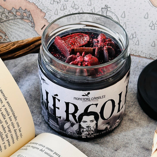 Vela “Miércoles Addams” - Monsters Candles ® - Velas Literarias artesanas de soja 100% ecológica