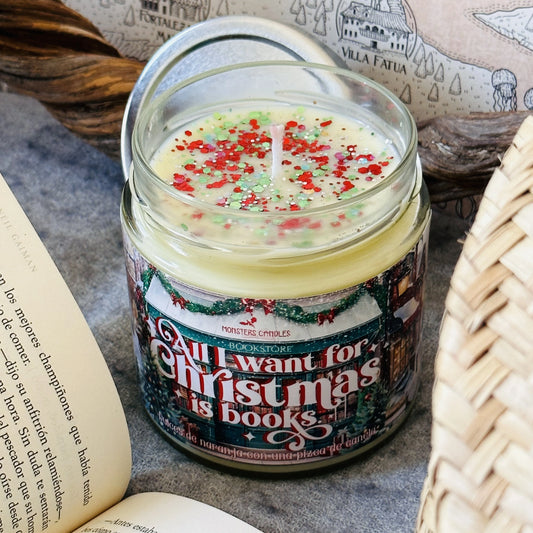 Vela "All I want for Christmas is... books" Colección "Navidad” - Monsters Candles ® - Velas Literarias artesanas de soja 100% ecológica