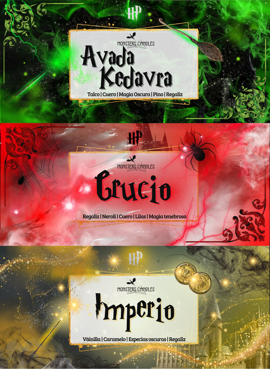 Pack “Maldiciones Imperdonables” de Harry Potter - Monsters Candles ® - Velas Literarias artesanas de soja 100% ecológica